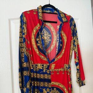Baroque Print Deep V Blouse – Red & Royal Blue Gold Chain Pattern
